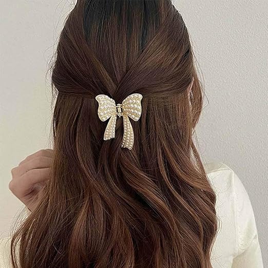 Zaibatsu 1 Pcs Premium Pearl Bow Hair Clip Gold Metal