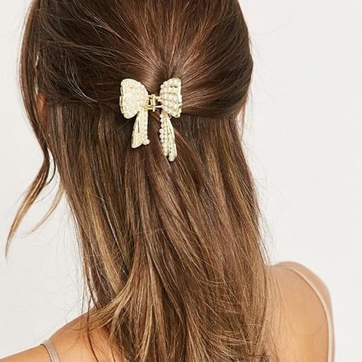 Zaibatsu 1 Pcs Premium Pearl Bow Hair Clip Gold Metal
