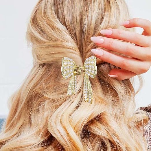 Zaibatsu 1 Pcs Premium Pearl Bow Hair Clip Gold Metal